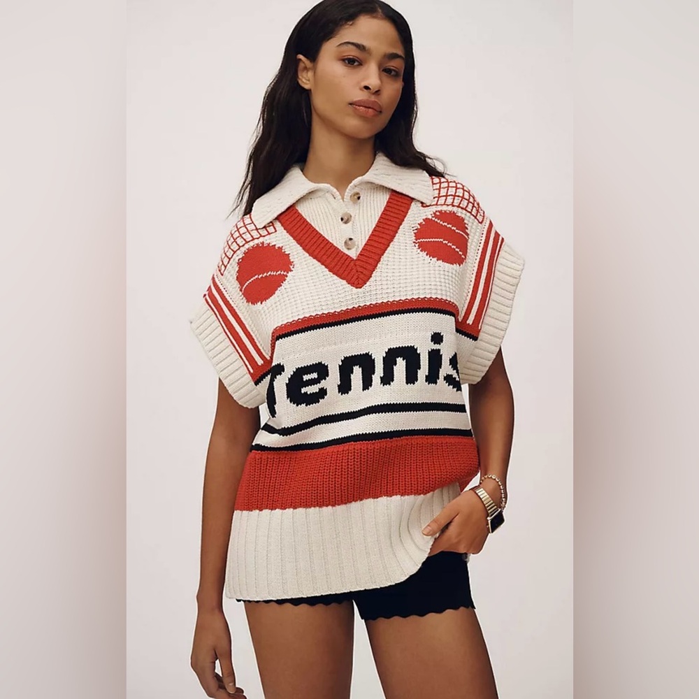 Maeve Tennis V-Neck Button-Up Twofer Sweater Vest